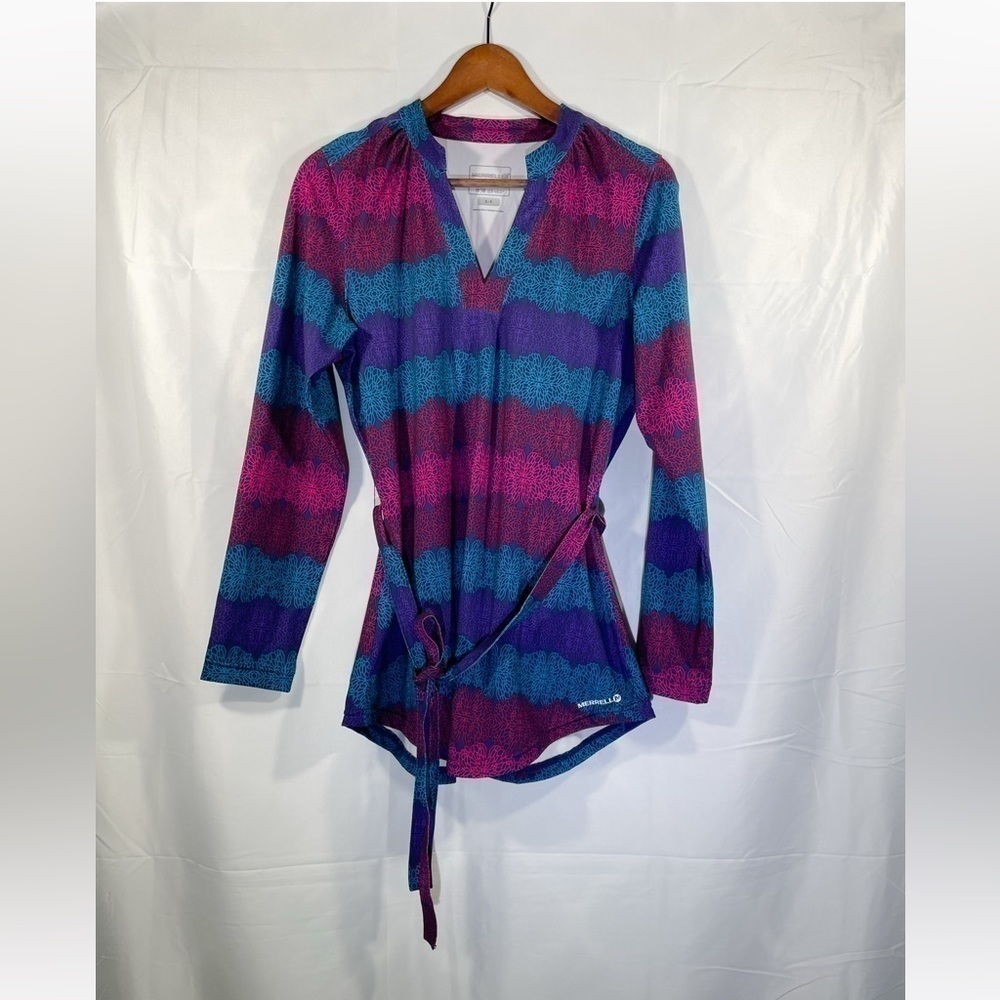 Merrell Tunic Womens Tie Waist Long Sleeve Top Floral Soft Opti Wick Shirt Small